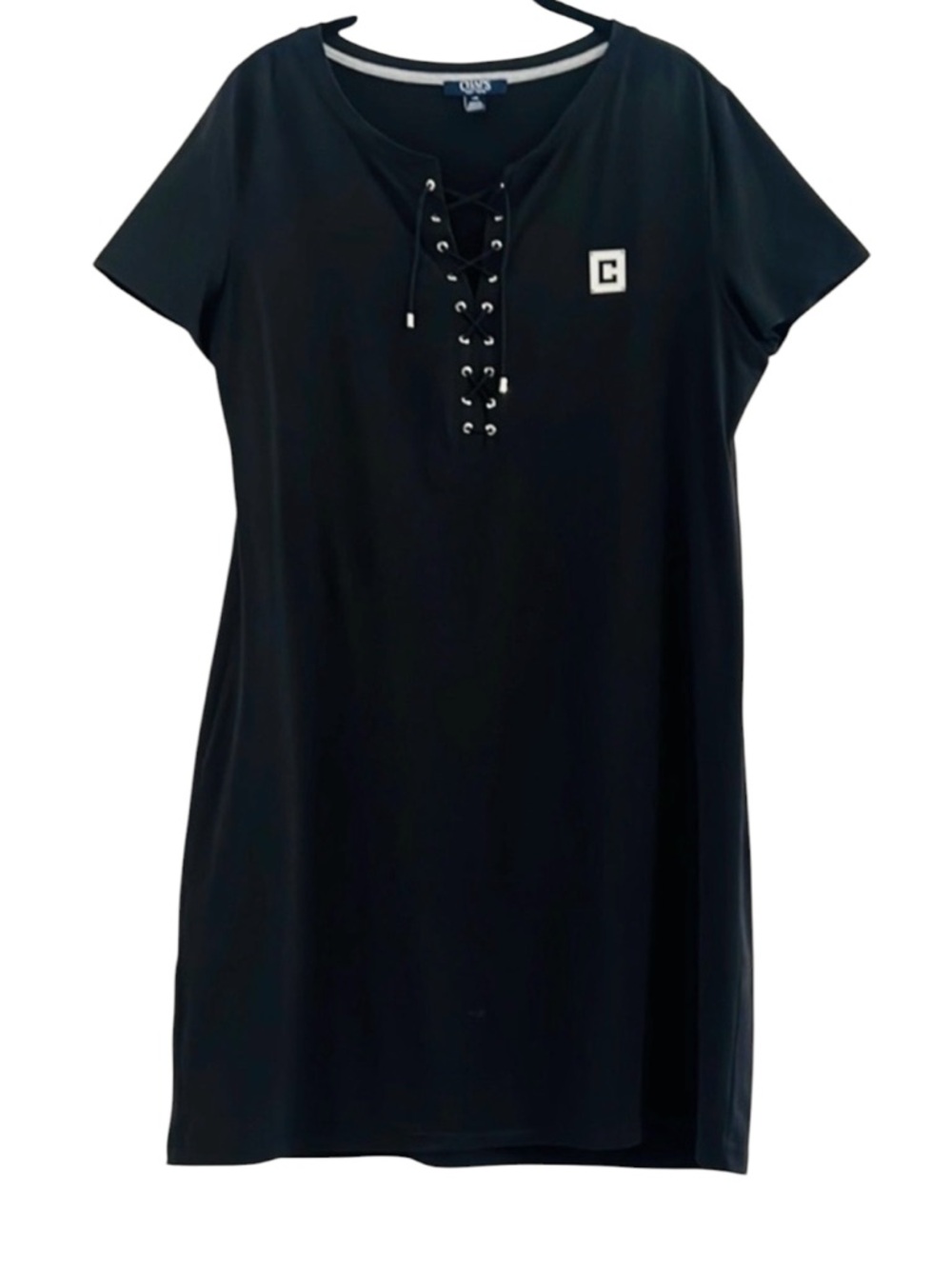 Chaps Black Lace-Up Neckline Shift Dress Detailed With Logo Size L